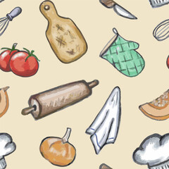 Seamless pattern kitchen utensil on beige background. Hand draw pencil texture. Vector, isolated. Artistic, abstrakt.