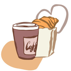 Coffee and croissant in a paper bag. Vector, hand draw, isolated. Simple and light. Cartoon doodle style. 