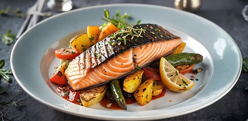 Grilled salmon fillet served with colorful roasted vegetables and lemon wedges on a white plate