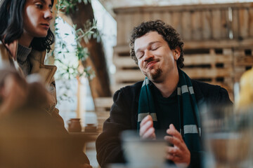 Two friends share a casual moment together in a warm and inviting cafe setting, surrounded by an ambiance suggested by wooden elements and greenery, creating a scene of comfortable interaction and