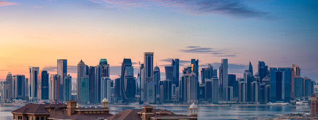 Beautiful Aerial view of Doha Skyline from Pearl Qatar 