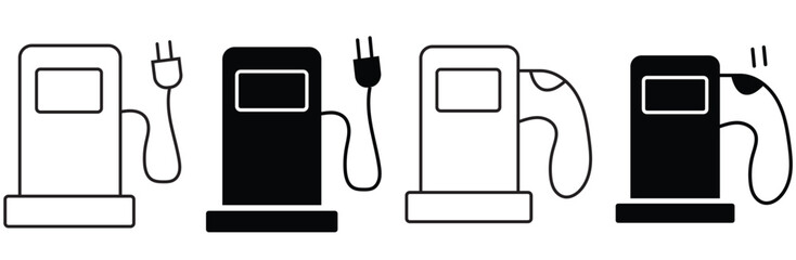 Gas station icon. Electric charge symbol. Petrol pump signs. Fuel gasoline symbols. Electro car icons. Black color. Vector illustration.
