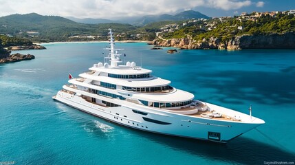Fototapeta premium Majestic Large White Boat Anchored Gracefully on Tranquil Waters Surrounded by Lush Greenery and Clear Blue Skies Evoking a Sense of Peaceful Serenity and Natural Beauty in Coastal Setting