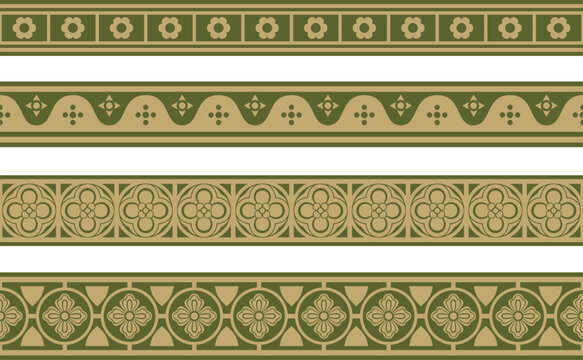 Vector green and gold set of gothic borders. Medieval European ornament. Classic pattern of the Germans, Angles, Saxons, Franks
