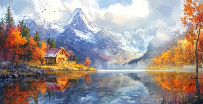 Autumn cabin lake mountains reflections