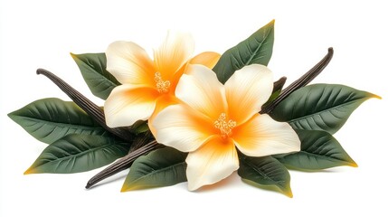 Beautiful Vanilla Flowers with Green Leaves on White Background