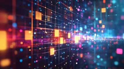 Obraz premium Digital Matrix: An abstract digital landscape of glowing particles and vibrant squares, evoking a sense of futuristic technology, connectivity, and boundless potential.