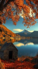 Autumn Lakeside Cabin Reflections