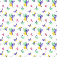 Holiday yellow, green, purple and pink curving hearts seamless pattern illustration isolated background. Watercolor romantic carnival ornate illustration for web design, textile, canvas, package decor