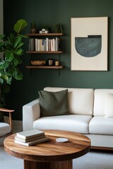 Modern living room setup featuring a cozy sofa, circular wooden coffee table, contemporary wall art, and lush indoor plants for a welcoming atmosphere.