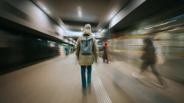 Wide angle young man walking modern metro station underground passage, unrecognizable male pedestrian going illuminated public hall, stop motion, long exposure time-lapse hyperlapse motion blur