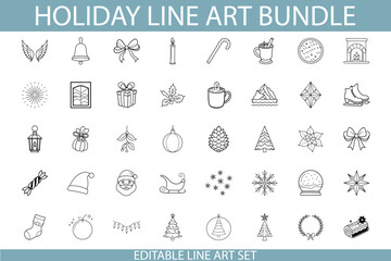 Editable Holiday Line Art Bundle Christmas, Winter, Festive Icons