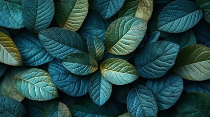 Lush teal leaves, overhead shot, botanical background, nature texture, design element