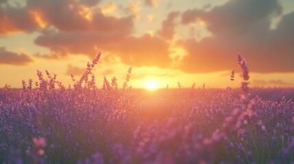 Breathtaking Lavender Field Bathed in Warm Sunset Glow with Vibrant Purple Blooms Stretching Towards the Horizon Under a Colorful Sky Creating a Tranquil Romantic Ambiance in Nature