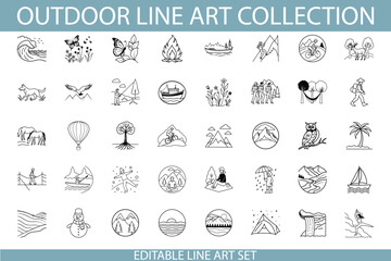 Editable Outdoor Line Art Collection Nature, Travel, Adventure Icons