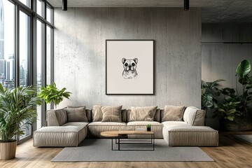 Modern living room with a cozy sectional sofa, wooden coffee table, indoor plants, and framed artwork creating a stylish and inviting atmosphere. Home decor.