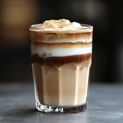 Creamy iced coffee layered with milk and espresso in a clear glass