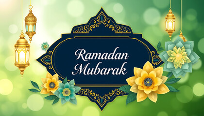 Festive Ramadan Mubarak Greeting Card Design with Golden Lanterns and Flowers.
