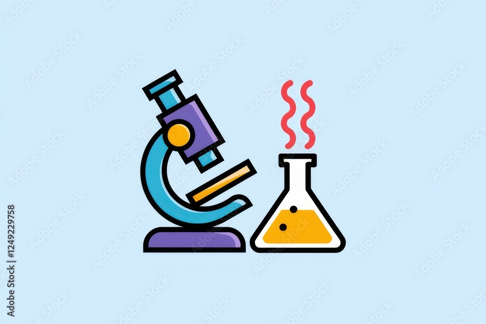 Poster Microscope and Erlenmeyer flask with boiling liquid, representing scientific research and experiments.