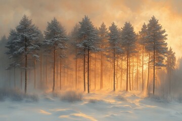 Warm sunlight streaming through misty air illuminates snow-covered pine trees and a tranquil forest floor, creating a stunning winter wonderland filled with magic and serenity