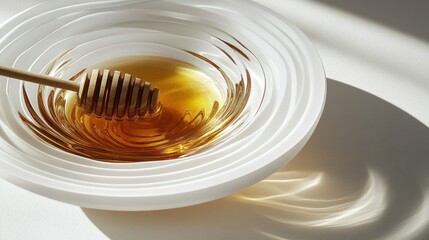 Golden Honey in White Dish with Wooden Dipper and Soft Light Shadows