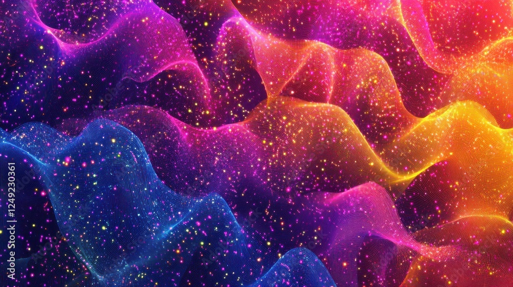 Poster abstract colorful wavy background with glitter particles.