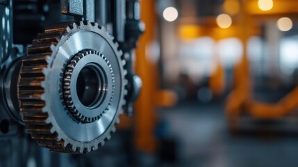 Fototapeta premium A close-up of a metallic gear in an industrial setting, highlighting precision engineering amidst a blurred background of machinery.