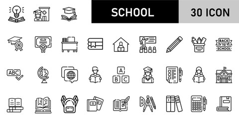 Minimalist School Icon Pack | 30 Outline Vector Icons, Editable stroke. 