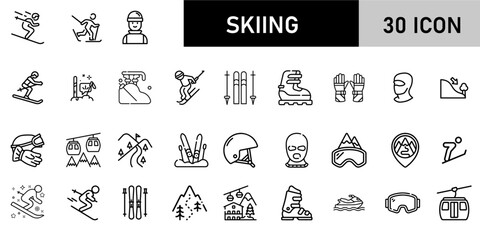 Minimalist Skiing Icon Pack | 30 Outline Vector Icons, Editable stroke. 