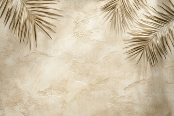 Beige textured surface with dried palm leaves