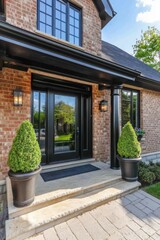 The stunning entrance of a beautiful brick house showcases meticulously manicured shrubs and exquisite lighting, all under the bright blue sky of a clear day in a charming suburban neighborhood