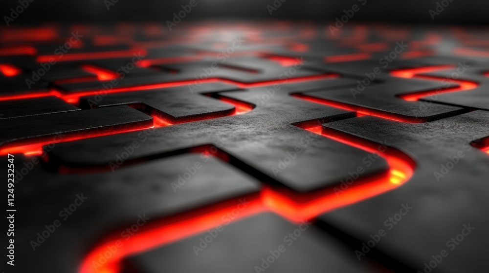 Poster glowing red maze pattern, dark metallic surface, abstract background, tech design