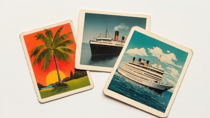 Vintage travel postcards featuring palm tree and ocean liner on a white isolated background.