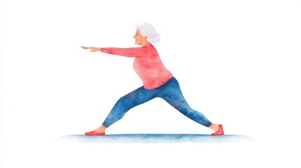 Fototapeta premium A senior woman performs a yoga pose, showcasing flexibility and balance in a vibrant, watercolor style.