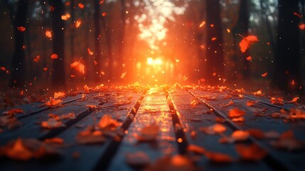 Autumnal Bliss: Falling Leaves on Wooden Table at Sunset
