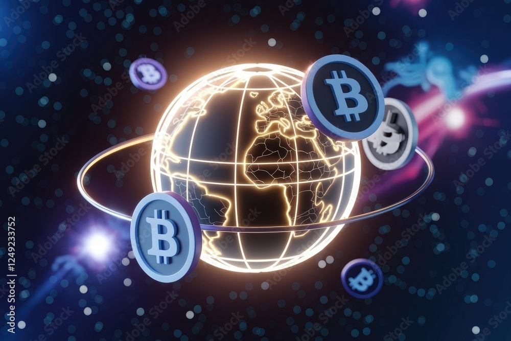 Aufkleber global cryptocurrency network visualized with bitcoin symbols orbiting a glowing earth, symbolizing 