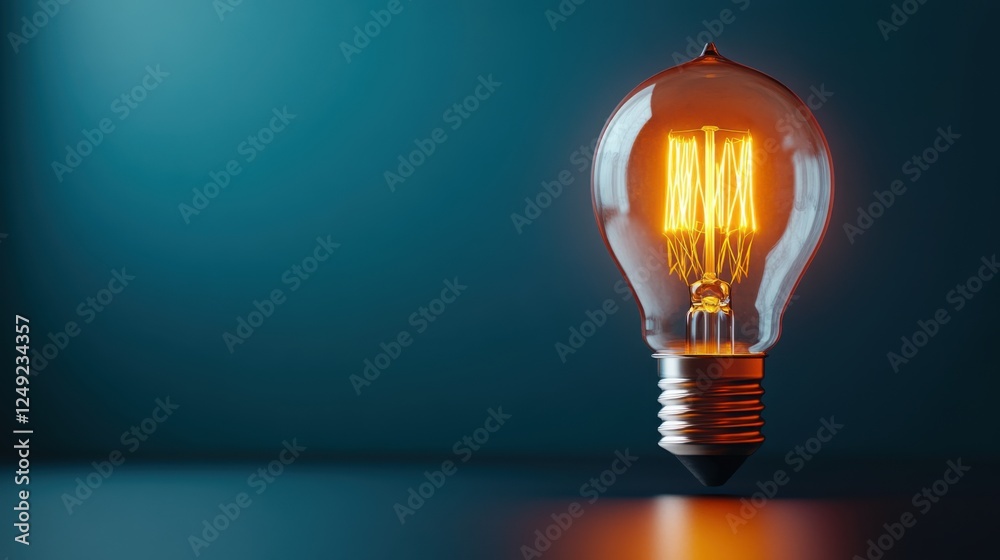 Wall mural Bright Vintage Light Bulb Glowing with Warm Yellow Light on a Teal Background in a Minimalist Setting