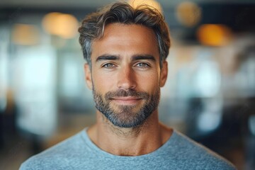 Obraz premium Close Up Portrait of Happy Middle Aged Businessman in Modern Office Setting with Soft Natural Lighting