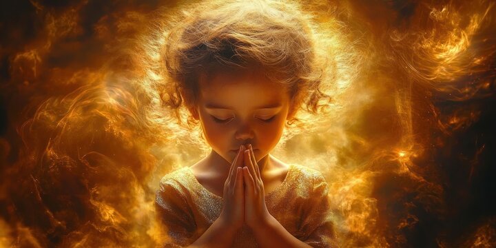 Child Praying in Soft Golden Light with Ethereal Atmosphere and Halo Effect - Powered by Adobe