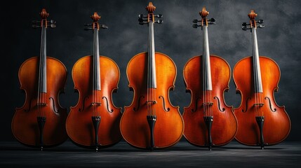 Naklejka premium Elegant Display of Five Classic Violins on Dark Background