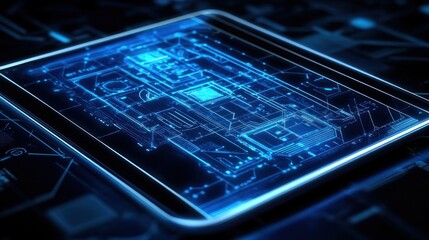 Futuristic Digital Tablet Interface with Glowing Blue Circuitry Design