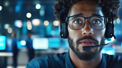 Focused male operator in a modern control room during intensive monitoring activity