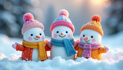 Giggly marshmallow snow friends, snowy backdrop, colorful hats, photography, whimsical, happy