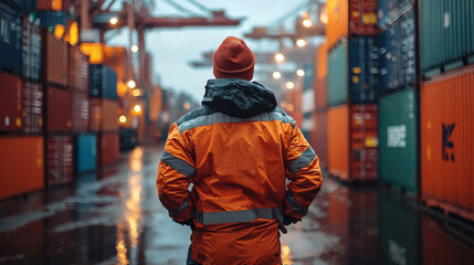 Fototapeta premium Man wearing orange jacket standing outdoors in urban environment