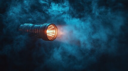 Flashlight beam cuts smoky night scene
