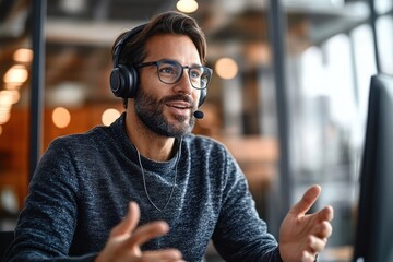 Focused Indian Call Center Agent Wearing Headset Communicating with Client in Customer Support Office