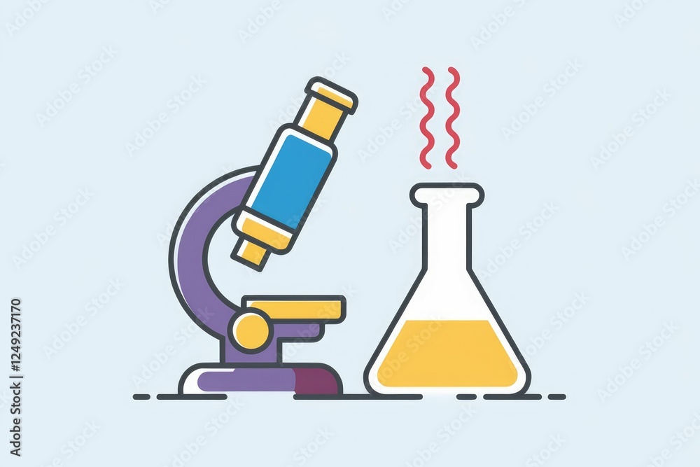Poster microscope and erlenmeyer flask, symbolizing scientific research and experimentation.