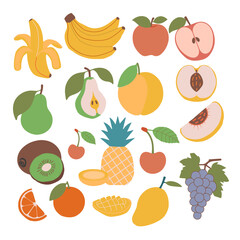 Fruits set isolated on white. Vector flat illustration