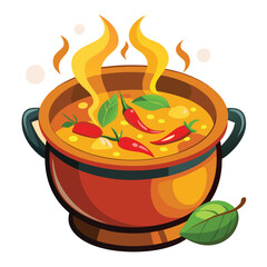 Spicy Thai Curry Illustration: Hot Bowl of Red Curry with Chilies and Basil Leaves, Vector Cartoon Style Food Image