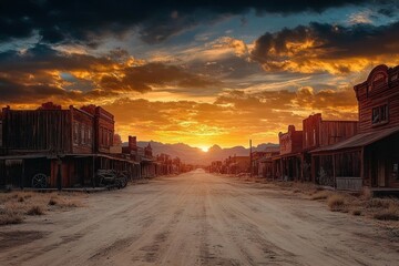 Obraz premium Deserted Western Town at Sunset with Vintage Architecture and Dusty Streets